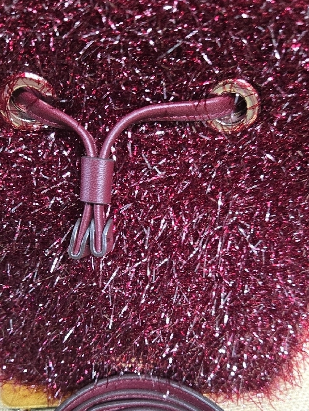 Like-new! kate spade Burgundy Metallic Tinsel Drawstring Bucket Bag - Picture 7 of 8